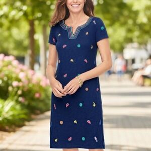 NEW Talbots Plus X $109 Navy‎ Blue Embroidered Fruit 100% Cotton T-Shirt Dress